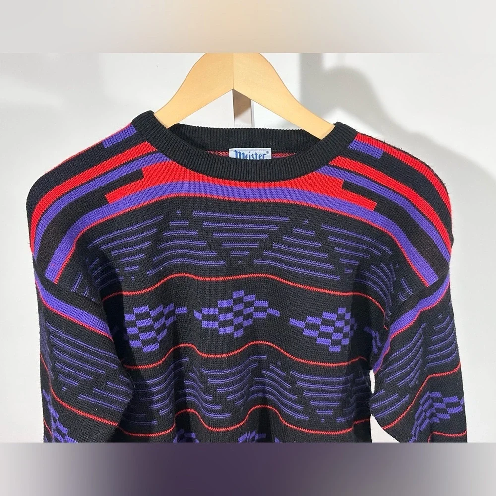 Vintage Hong Kong Meister Abstract Knit Sweater – Black / Purple / Red – medium